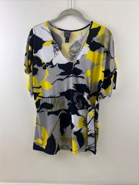 Clara Sun Woo Top Womens S Black Yellow Floral Abstract Side Tie Stretch V-Neck